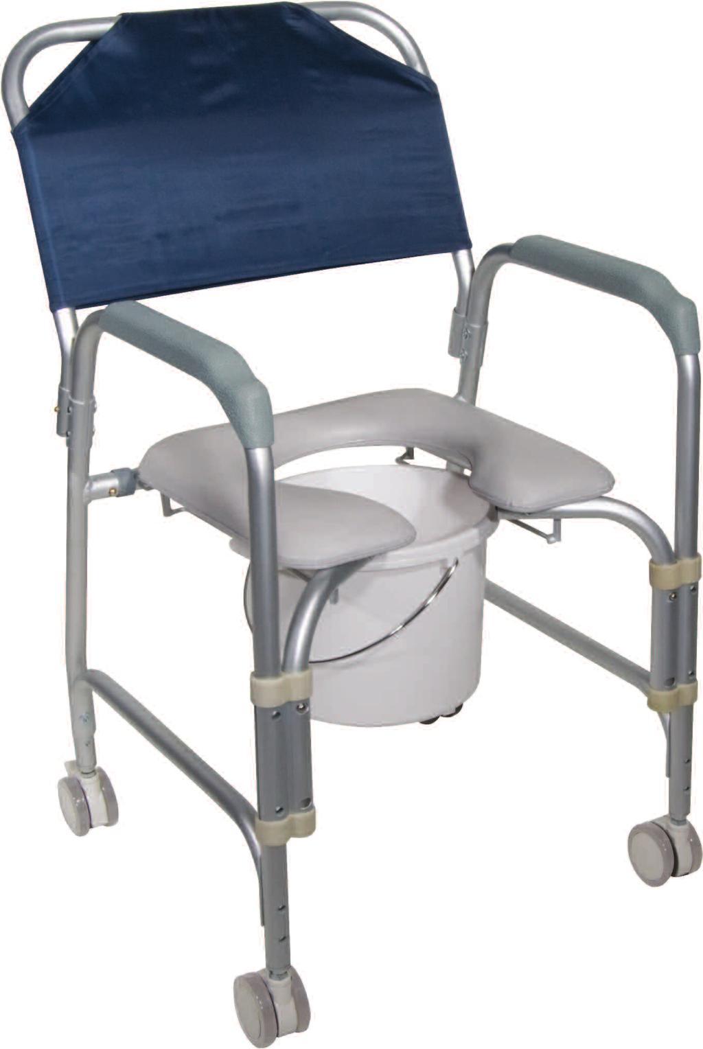 117 New Folding, Portable, Upholstered Commode with Wheels and Drop Arm COMES STANDARD