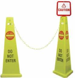 sided imprint. Accepts barrier chain and common barrier tape for connecting multiple signs and cordoning off an area.