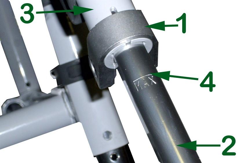 6. Anti-tipper adjustment is made by depressing the antitipper push pin (1), sliding the inner anti-tipper tube (2) to the desired length, aligning the push pin with the closest adjustment hole