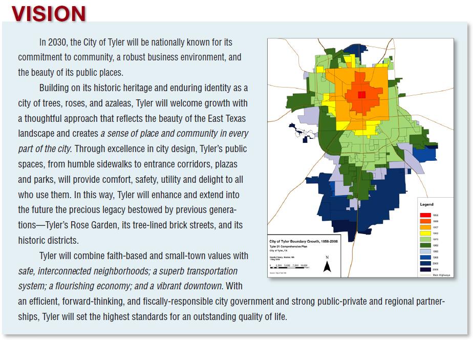Vision In 2030, the City of Tyler will be nationally known for its commitment