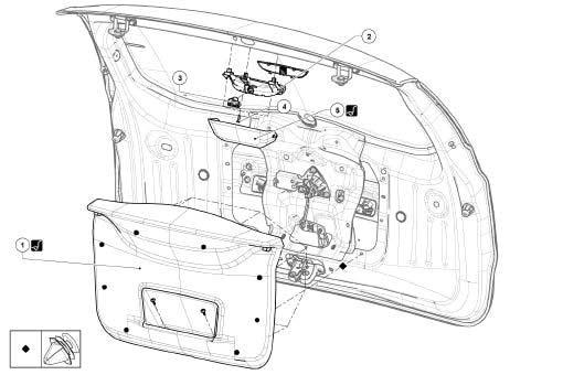 NON-SIDE OPENING ELEMENTS TRIM Rear opening element assembly on the passenger compartment side: Exploded view 73A H79 (see ) (01D, Mechanical