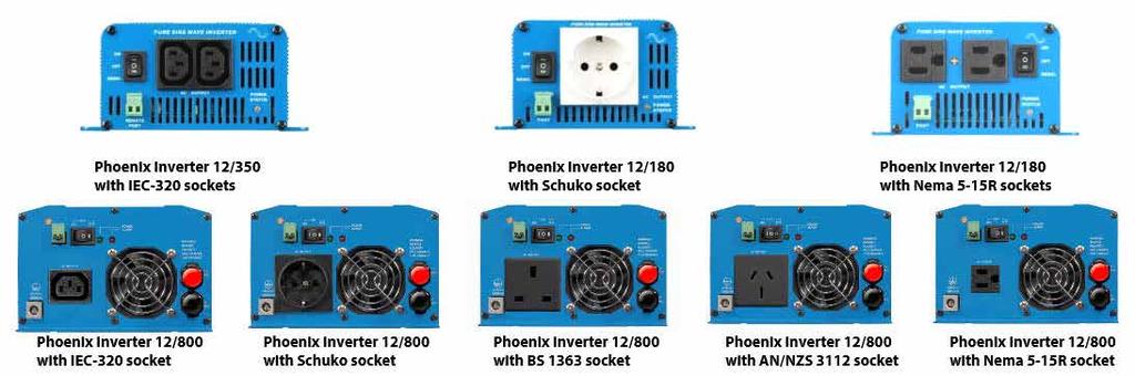 Phoenix 24/180 Schuko outlet R- Phoenix 24/180 AU/NZ outlet (AS/NZS 3112 ) R- Phoenix 24/180 UK outlet (BS 1363) R- Phoenix 24/250 VE.Direct IEC R1 079 Phoenix 24/250 VE.