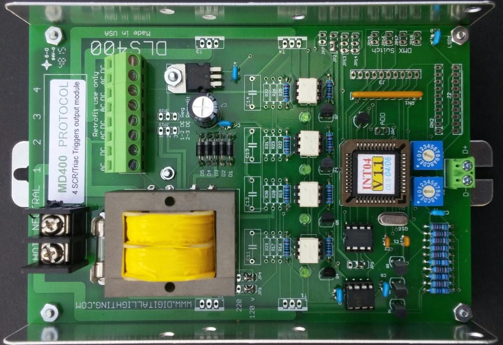 DMX 52 Page DMX52 decoder firing board module 20 VAC reference Input 2 3 4 The Thyristor Firing board is compatible withdmx52 control standard 4 DMX52 triggers 2 3 4 - +- +- +- + The can trigger