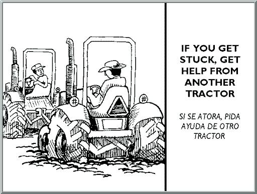 IF YOU GET STUCK, GET HELP FROM ANOTHER TRACTOR If you get stuck, do not tie a fence post or any other object to the tire for traction; it may tip the tractor over as it tries to overcome the