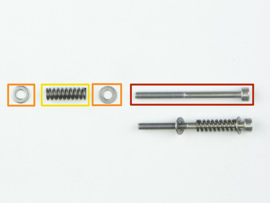 Step 15 Prepare the Extruder idler screws M3x40 screw (2 pcs) M3w washer (4 pcs) Extruder spring (2 pcs) Assemble the