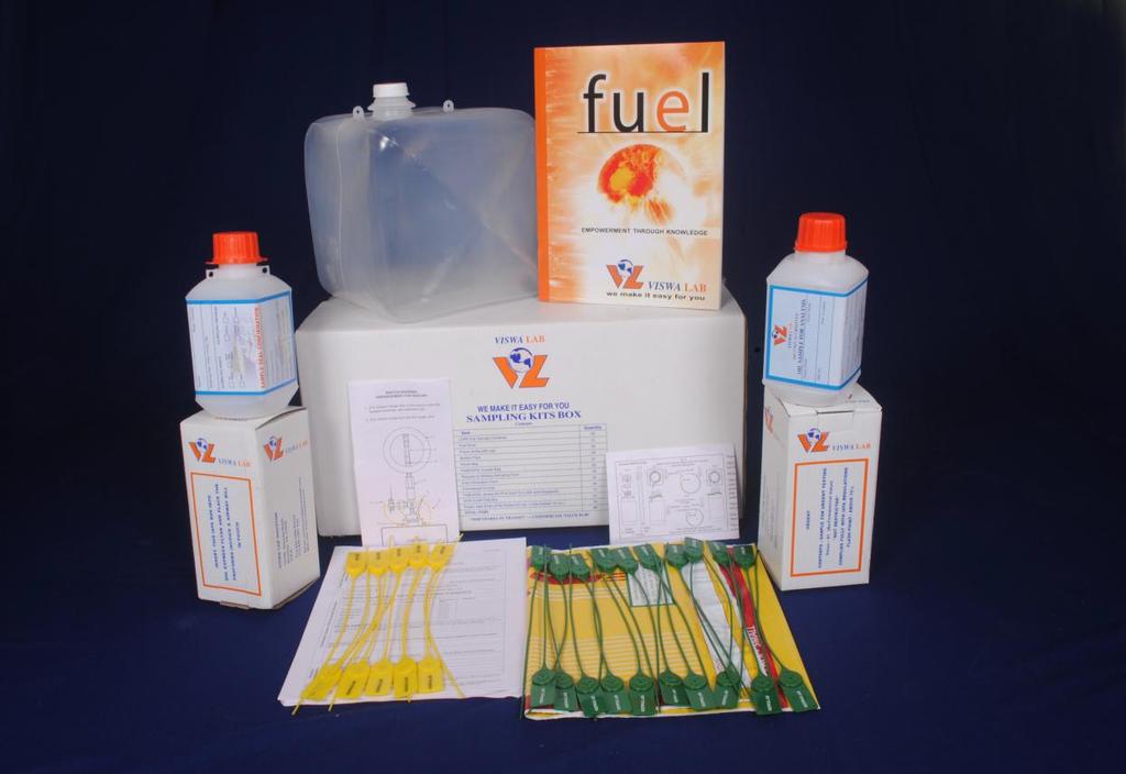 2 Packing List of Sampling Kit Box: ONE BOX OF SAMPLING KIT IS GOOD FOR 05 BUNKERING OPERATIONS. 20 labeled 750 ML bottle set with security cuts on the labels. 05 cubitainer (10 Litre) with cap.