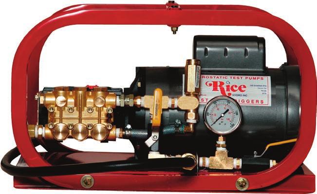 EL Series RICE Hydro line of electric driven test pumps, with flow rates up to 12.5 GPM, and pressures ranging up to 5000 PSI.