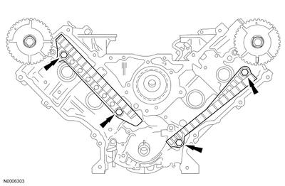 10. Install the crankshaft sprocket, making sure the flange faces forward. 11. Install the 4 bolts and the LH and RH timing chain guides. Tighten to 10 Nm (89 lb in). 12.