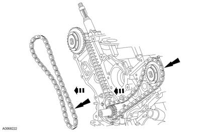 12. Remove the RH and LH timing chains and the crankshaft sprocket. Remove the RH timing chain from the camshaft sprocket. Remove the RH timing chain from the crankshaft sprocket.