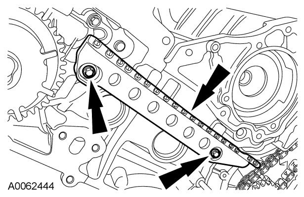 303-01C-8 Engine 5.4L (3V) 303-01C-8 13. NOTE: RH shown, LH similar. Remove the LH and RH timing chain guides. Remove the bolts. Remove both timing chain guides. 14.