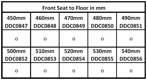 Supplied without upholstery and backposts are 280mm high FRONT SEAT-TO-FLOOR HEIGHT (SHv) 3" castors are not available with Front seat height 530mm & 540mm 4" castors are not available with Front
