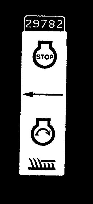 DECAL IDENTIFICATION (8) OPERATOR PRESENCE CONTROL (OPC): Arrow points to the OPC bail.