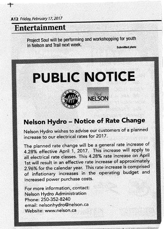 Comment 3) There was no notice or opportunity for public input on Nelson Hydro rate changes for 2017.