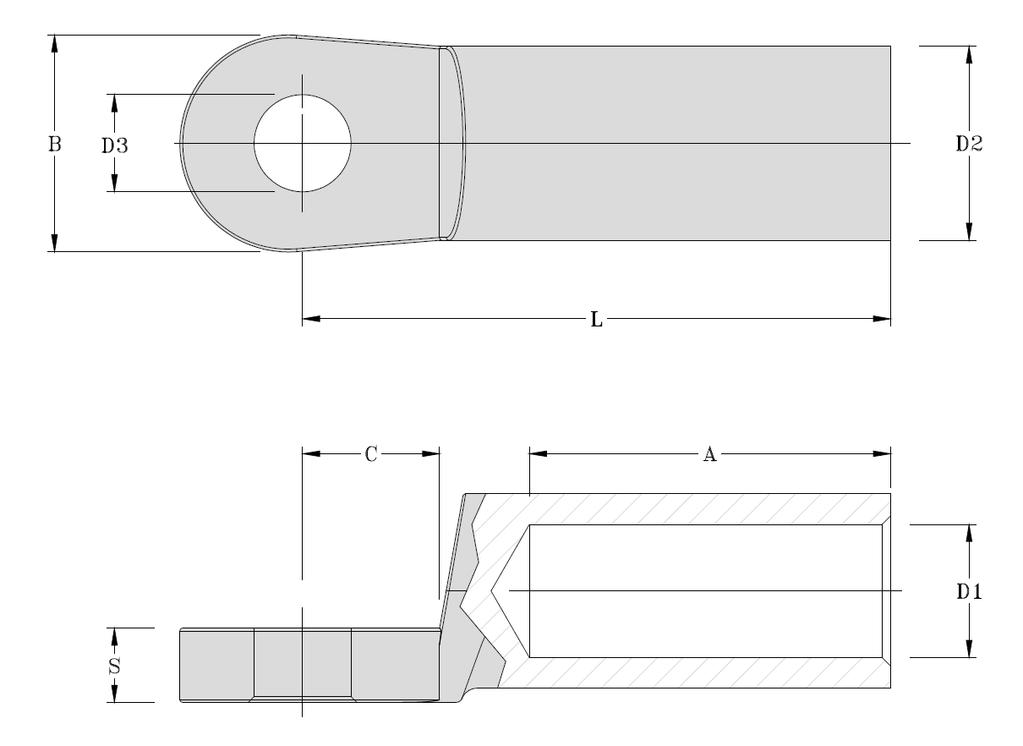 Figure 2: Terminal Lugs for Aluminum Conductors Note: Lugs are manufactured from a round bar and not from a tube CONDUCTOR BOLT DIMENSIONS, mm SIZE, mm² SIZE A B C D1 D2 D3 L S 70 M12 52 25 15.5 11.