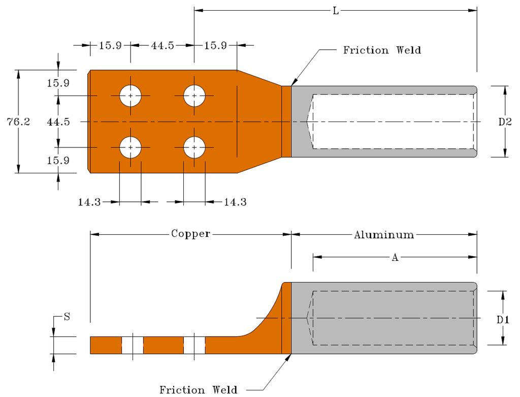 Figure 7: 4-Holes NEMA-Pad Bi-Metallic Terminal Lug for 500mm² and 400mm² Aluminum Conductors