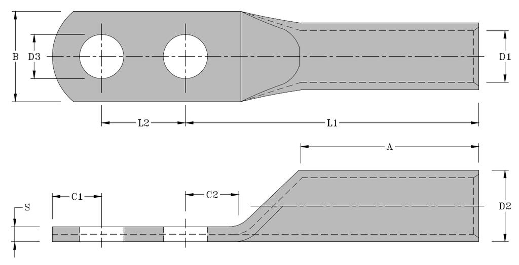 Figure 9: 2-Holes NEMA-Pad Terminal Lugs for National Grid SA Substations CONDUCTOR BOLT DIMENSIONS, mm MAT L SIZE, mm² SIZE A B C1 C2 D1 D2 D3 L1 L2 S