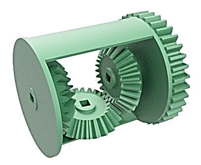 Due to this unique shape, you can interlock two bevel gears and have them mesh, when the gears are not parallel but instead at up to quite steep angles to each other.