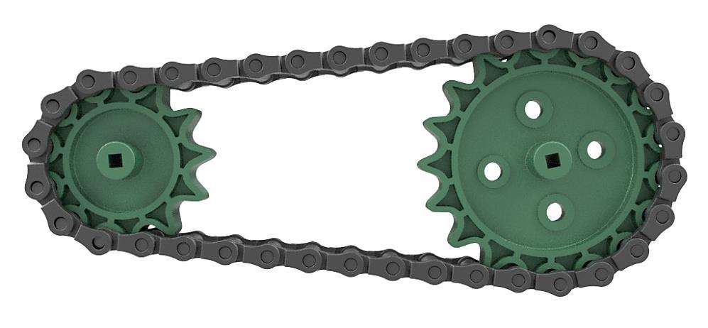 Since the section of chain that meshes with a sprocket is cylindrical, the teeth on a sprocket are curved such that this cylindrical shape can sit between the teeth. Figure 1.4.