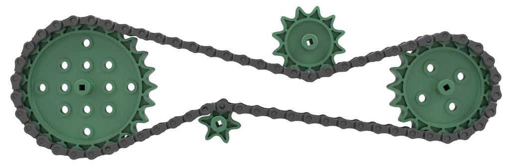 2: A simple sprocket and chain assembly Sprockets and chain are most commonly used on drivetrains, to connect multiple wheels together such that they spin together.