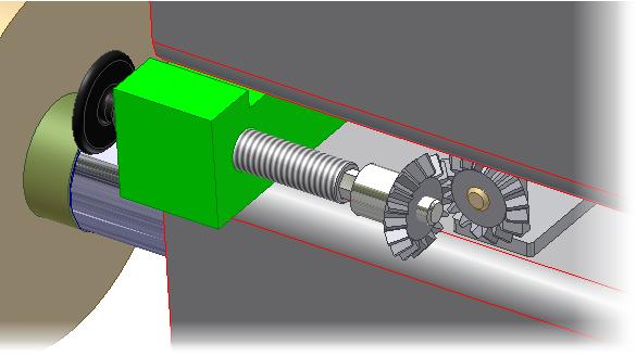 Example: Generated Gears In the following illustration, a bevel gear set is created to change the direction and transmit power from the input shaft to the threaded rod.