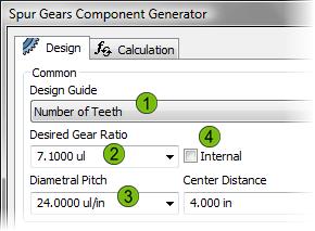 To set the Common values for the spur gear: Under Common, from the Design Guide list, select Number of Teeth. (1) From the Desired Gear Ratio list, select 7.1000 ul.
