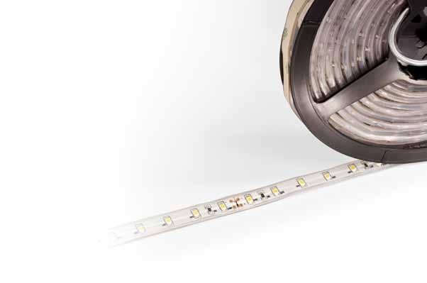 BELT light strip. Flexible PVC profile, supplied in 5 meter reels with 120 S/m (77W versions) and 60 s/m (24W and 41W), equipped with wires and connectors on both ends.