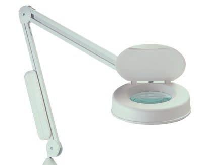 MAGNIFIER LAMP STANDARD Light grey magnifier lamp with two parallel motion arms, with integrated springs. Luminaire head with optical lens and integrated switch. Incl. luminaire and bench top bracket.
