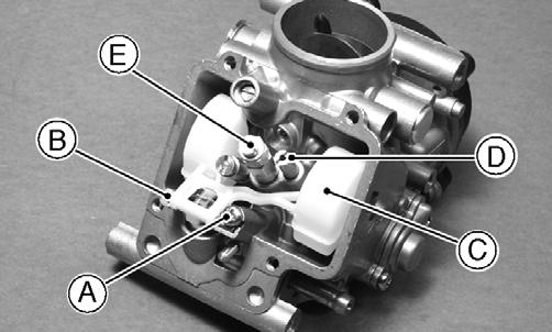 Remove set screw (A); then remove the float pivot pin (B), float (C), needle valve, slow jet (D), and main jet (E).
