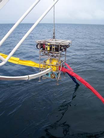 The hydraulic ram is then activated and the pin withdraws, releasing the instruments onto the sea floor.