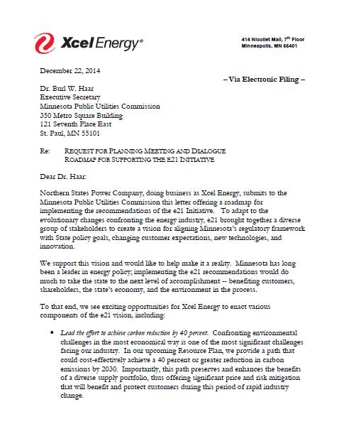 Xcel Energy s e21 Letter to the Commission e21 proposed