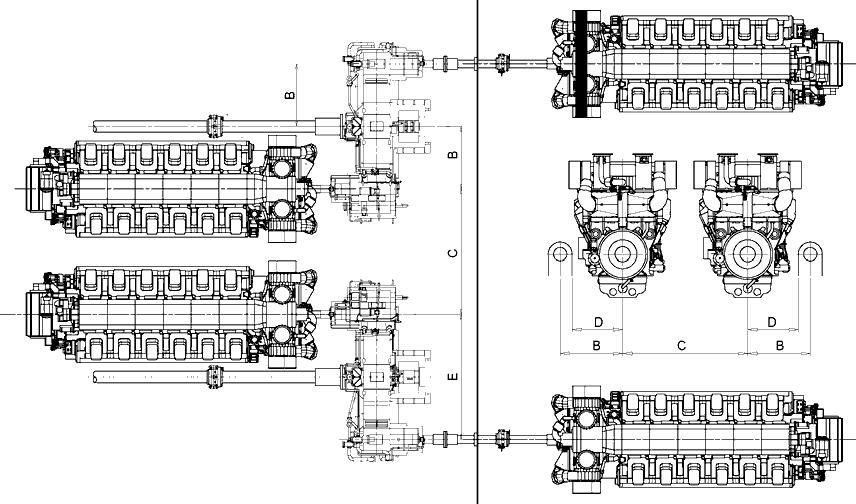 18. Engine Room Layout Wärtsilä 46F Product Guide Fig 18-6 Main engine arrangement, 4 x V46F (DAAE075827a) Engine type B [mm] 1) C [mm] D [mm] 2) E [mm] 1) 12V46F 2350 5600 1900 4700 14V46F 2350 5900