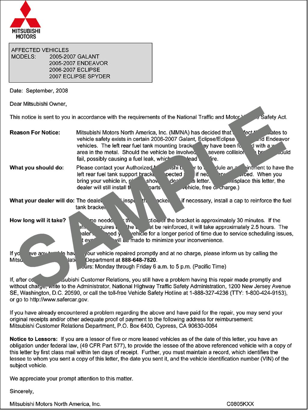 Copyright 2008, Mitsubishi Motors North America, Inc. The information contained in this bulletin is subject to change.