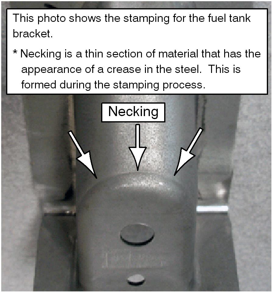 Compare the on-vehicle condition with the photos that follow and the "Inspection Criteria for Bracket Necking" job aid.