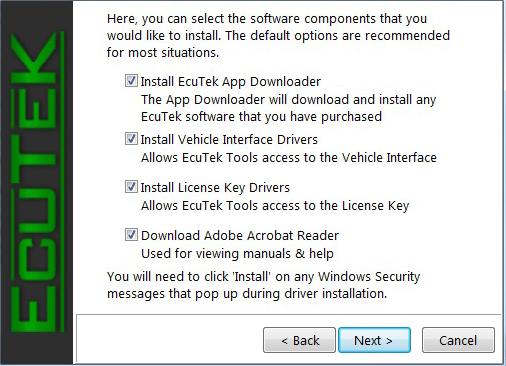 You will be prompted to install the necessary EcuTek software and drivers. It is also recommended to install Adobe Reader if you currently do not have it installed. Select Next to continue.