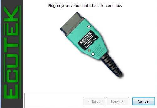 6. Plug the vehicle interface cable into the laptop when prompted to do so. Select Next to continue. 9. Make note of the Dongle ID and the Registration Code.