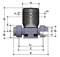 Figures for PVC-U version Pneumatically actuated diaphragm valve with female union ends for solvent respectively socket welding, metric series, code 30, PVC-U, PP-H, PVDF, PVC-C DN MA PN B B 1 C E H