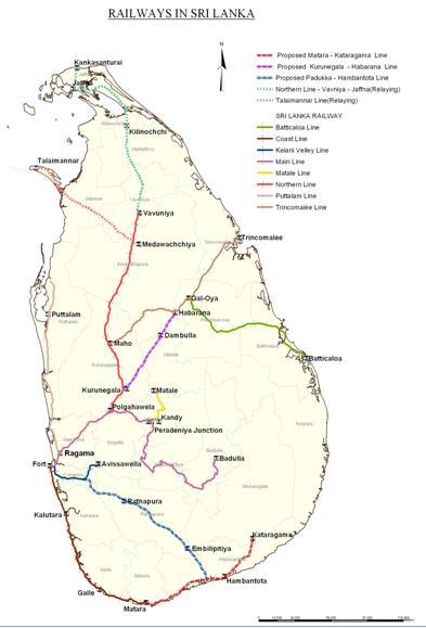 Existing Rail Network System The total route length of Sri Lanka Railway is 1,450km, consisting 172 major stations and 161 sub stations that covers most of the country except the southeast.