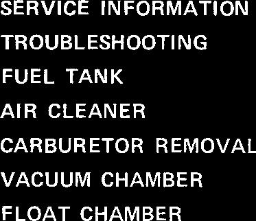 41 FUEL SYSTEM SERVICE INFORMATION TROUBLESHOOTING FUEL TANK AIR CLEANER CARBURETOR REMOVAL VACUUM CHAMBER FLOAT CHAMBER 4-1 PILOT