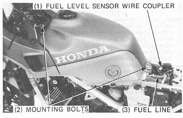 FUEL TANK - Do nor allo w flomes or sparks near gasoline. Wipe irp spilled gasoline ar once. Remove both frame side covers and seat.