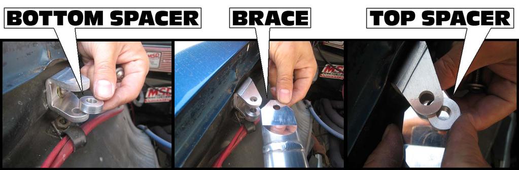Place the bottom spacer in the clevis bracket, then place one end of the fender brace on