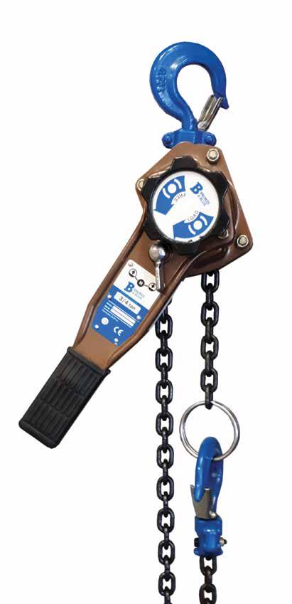 Bronze and Blue HOISTS BRONZE AND BLUE LEVER CHAIN HOIST Rated loads of 3/4, 1, 1-1/2, 3 and 6 Tons, with 5, 10, 15, and 20 foot standard lifts.