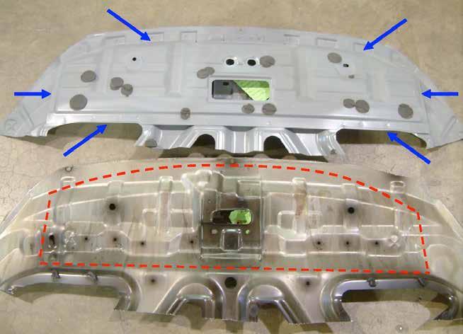 Figure 1: Missing Striker Reinforcement Plate T These are portions of the inner skins of a car company brand (upper) and non-capa Certified aftermarket (lower) hood for the Kia Rio Sedan 03-05.