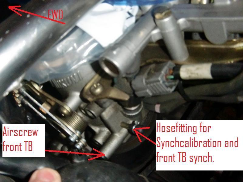Hose connection for calibrating the synchronizer You should put the combined hose on the hose fitting of the front Throttle body. The engine should be on temperature and warmed up running at 1200RPM.