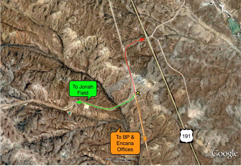 Figure 1-2. Map showing location and traffic flows at the Luman Road observation site. The Luman Road site is located adjacent to Highway 191 South of Pinedale.