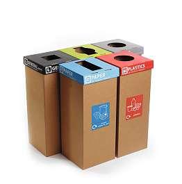 the MYBIN MYBIN/MIXED Pack of 5 x 60 litre cardboard Recycling Bins, complete with 5 lids, 5 stickers and 5 clear liners. Bin dimensions when assembled with lid are H730 x W320 x D305mm.