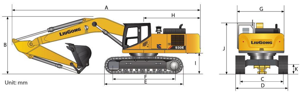 930E EXCAVATOR 930E EXCAVATOR SPECIFICATIONS DIMENSIONS Standard Arm Short Arm Boom 6.2 m (20 ft 4 in) Arm options 3.05 m (10 ft 0 in) 2.