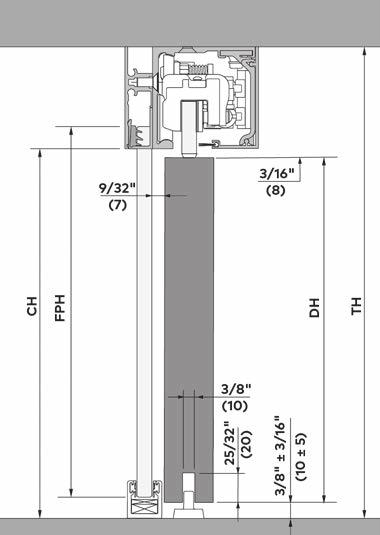 Door Panel Height Formulas Wall Mount (XL,L) DH = CH 3/4" (18) + X (M) DH = CH 11/16" (17) + X Glass Mount (XL) DH = TH 3-7/16" (87) (L) DH = TH 3" (76) KEY Wall Mount X =