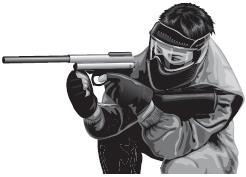 Q8. A paintball gun is used to fire a small ball of paint, called a paintball, at a target. The figure below shows someone just about to fire a paintball gun. The paintball is inside the gun.