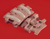 PLASTIC SLATBAND CHAINS WITH RUBBER TOP page 123 page 71, 73 SMALL RADIUS SINGLE HINGE TAB Chain type Code nr. Plate width Weight Working Backflex Sideflex Plate load radius radius thickness A (max.