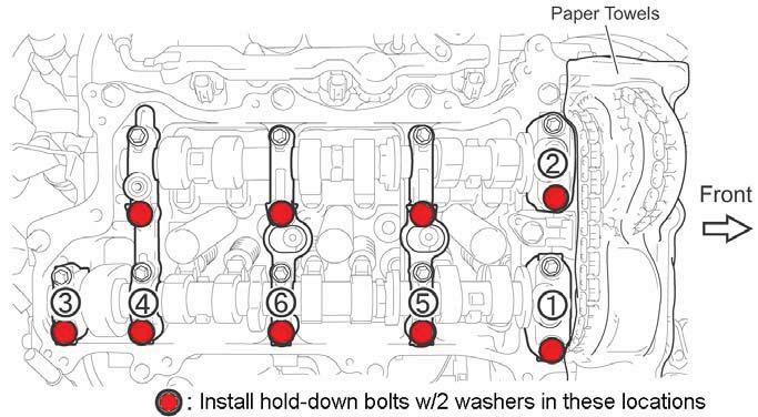 b) Install a hold-down bolt with 2 washers, do not crush the